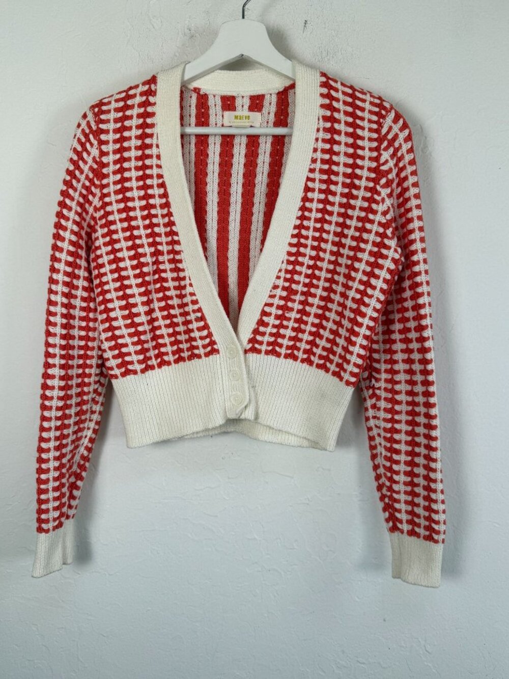 Maeve Anthropologie Cropped Cardigan Sweater XS Red White Checkered Knit V-Neck